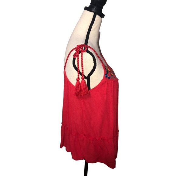 Arizona Jeans Embroidered Top Size M Red Sleeveless Ties Tassels Gauze Boho - Picture 4 of 9